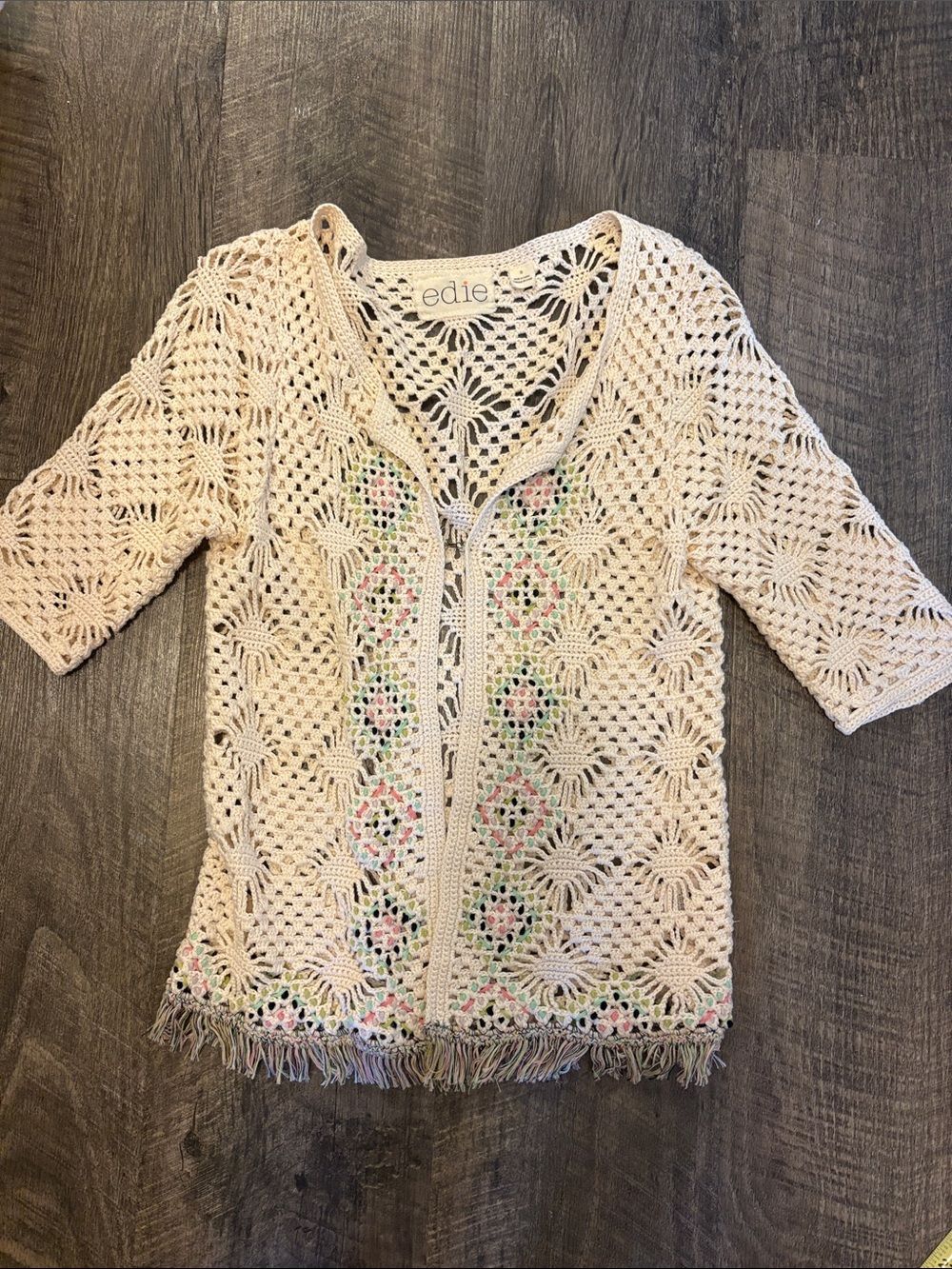 Anthropologie Edie Cream Crochet Fringe Cardigan with Pastel Accents